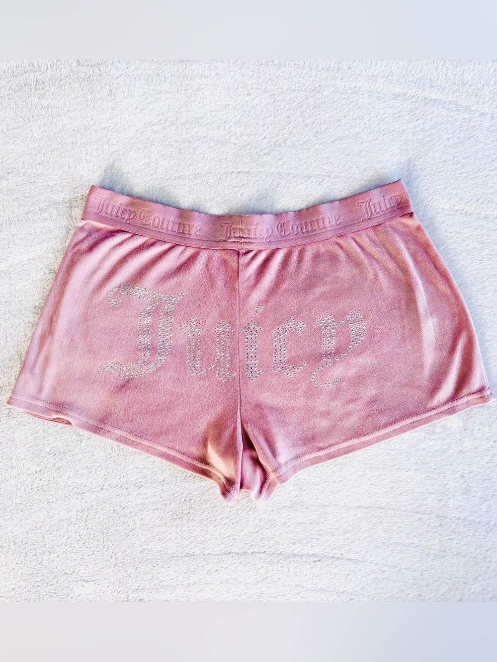 Juicy Couture Y2K “Juicy” Rhinestone Velour Booty Shorts, Pink Blush, Size M